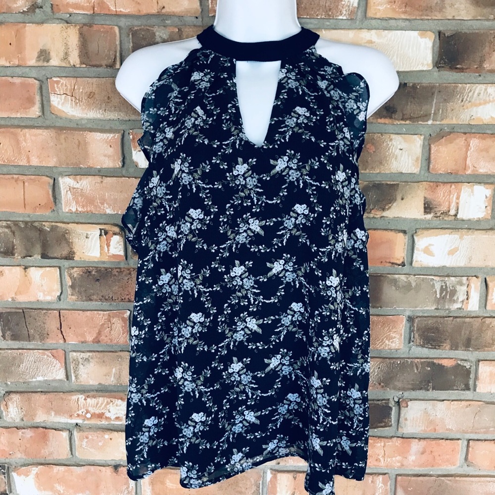 Miss Chievous Women’s Sleeveless Choker Neck Navy Floral Print Rayon Top Small